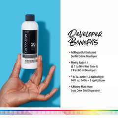 AGEbeautiful 20 Volume Gentle Creme Developer pour stream for even color distribution.