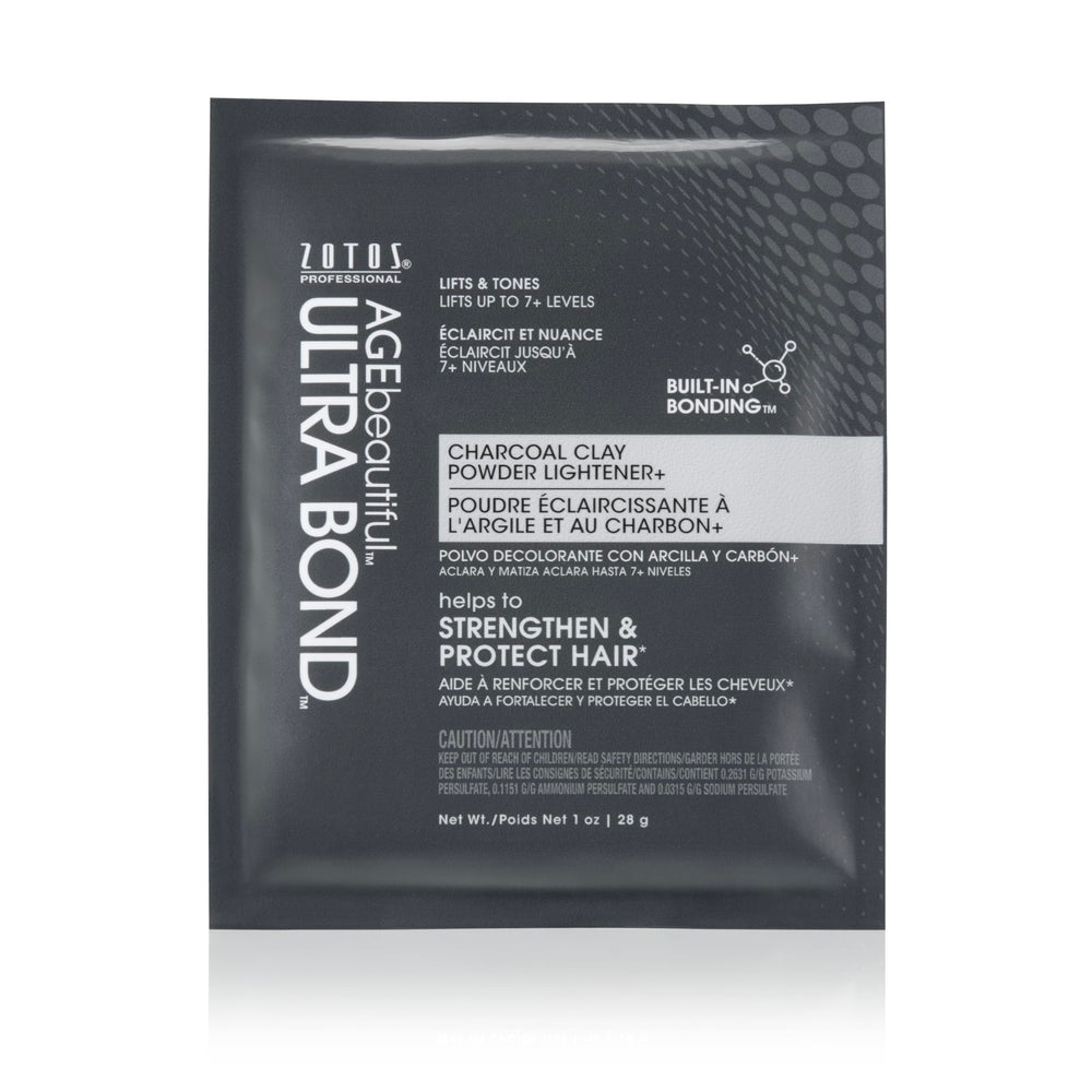 AGEbeautiful Charcoal Clay Powder Lightener packaging shows built-in bonding for stronger color and smoother processing.