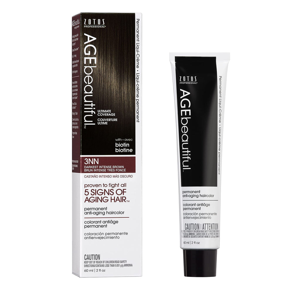 AGEbeautiful Liqui Creme bottle close-up highlighting rich, long-lasting color for aging hair.