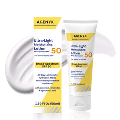 Agenyx daily SPF 50 moisturizer bottle with pump for quick, lightweight hydration.