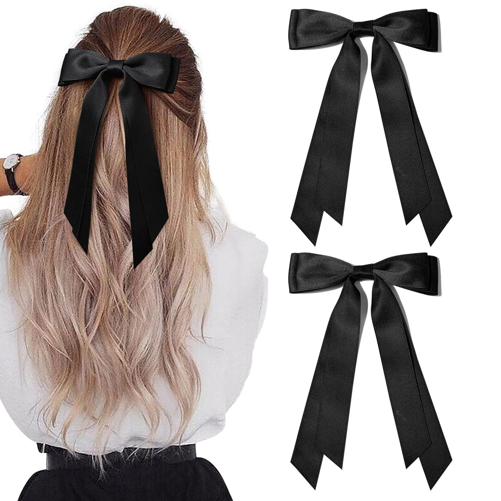 Aileam silky satin black hair bow with sturdy clip for secure daily wear.