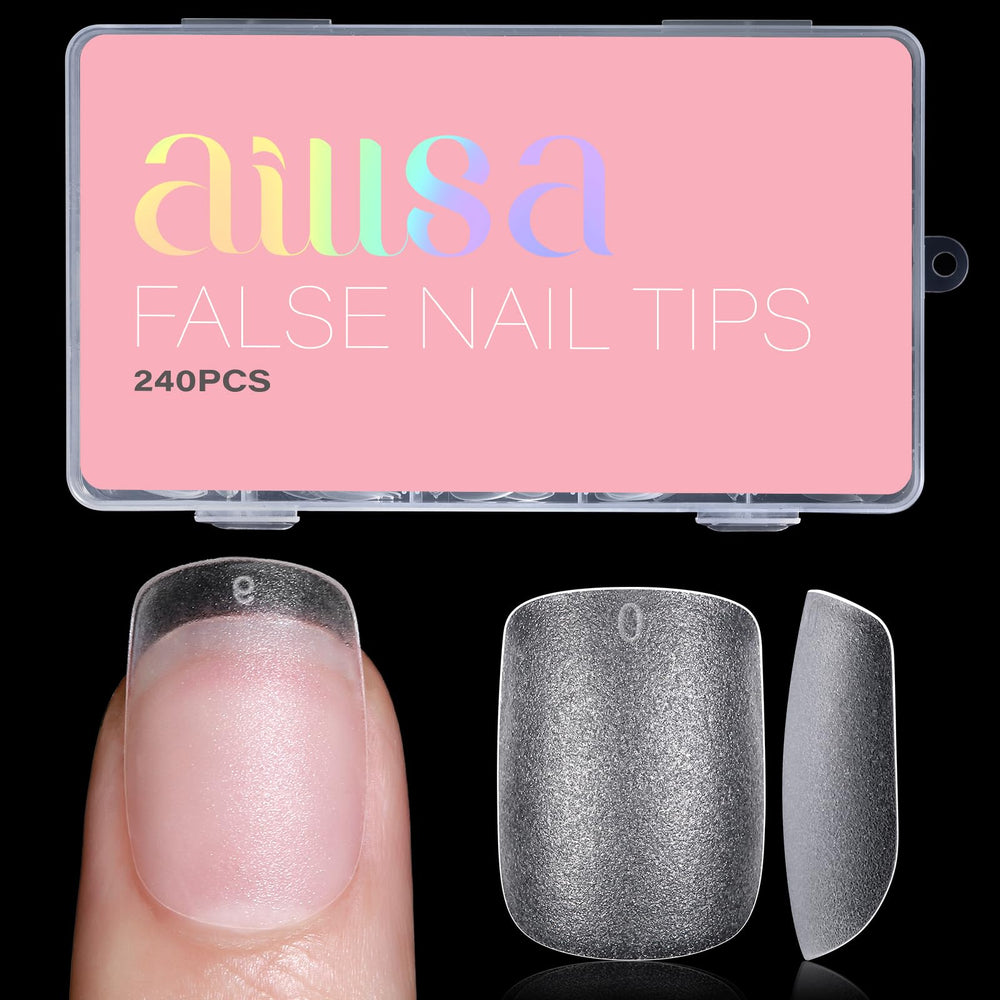 AILLSA extra-short square nail tips pack organized for quick sizing.