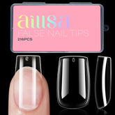 AILLSA short square clear nail tips in packaging for convenient at-home manicures.