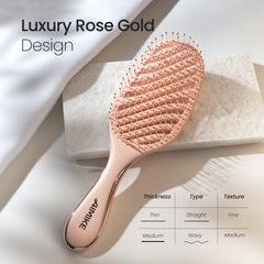 AIMIKE Rose Luxe Detangler Brush angled in hand, gliding through knots with ease.