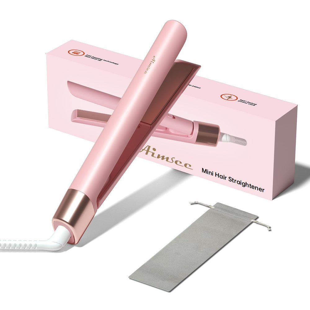AIMSEE mini flat iron pink with compact travel design for on-the-go styling.