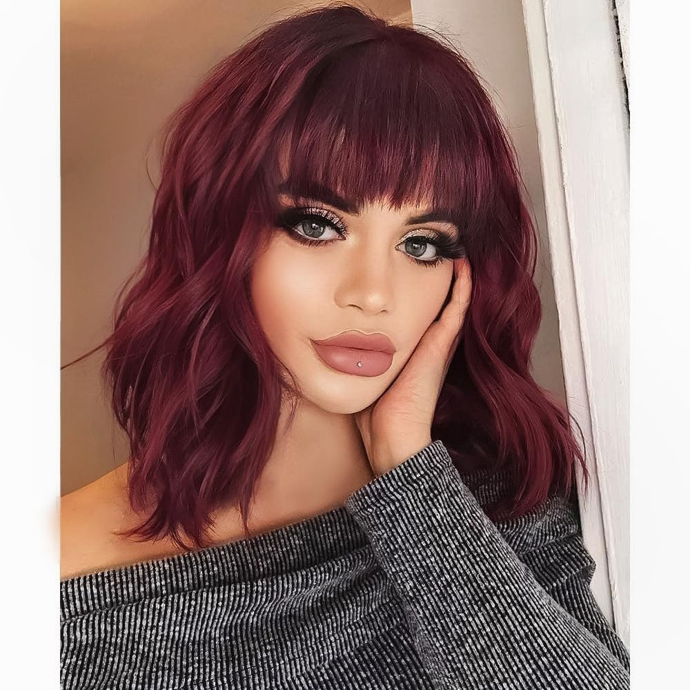 AISI HAIR curly bob wig with bangs in wine red for natural everyday style.