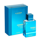 Al Haramain Amber Oud Aqua Dubai bottle front view for a long-lasting unisex fragrance.