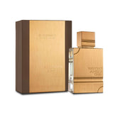 Al Haramain Amber Oud Gold Edition bottle closeup shows luxurious amber-oud notes for evening wear.