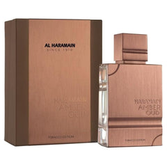 Packaging box for Al Haramain Amber Oud Tobacco Edition, sleek design for gifting.