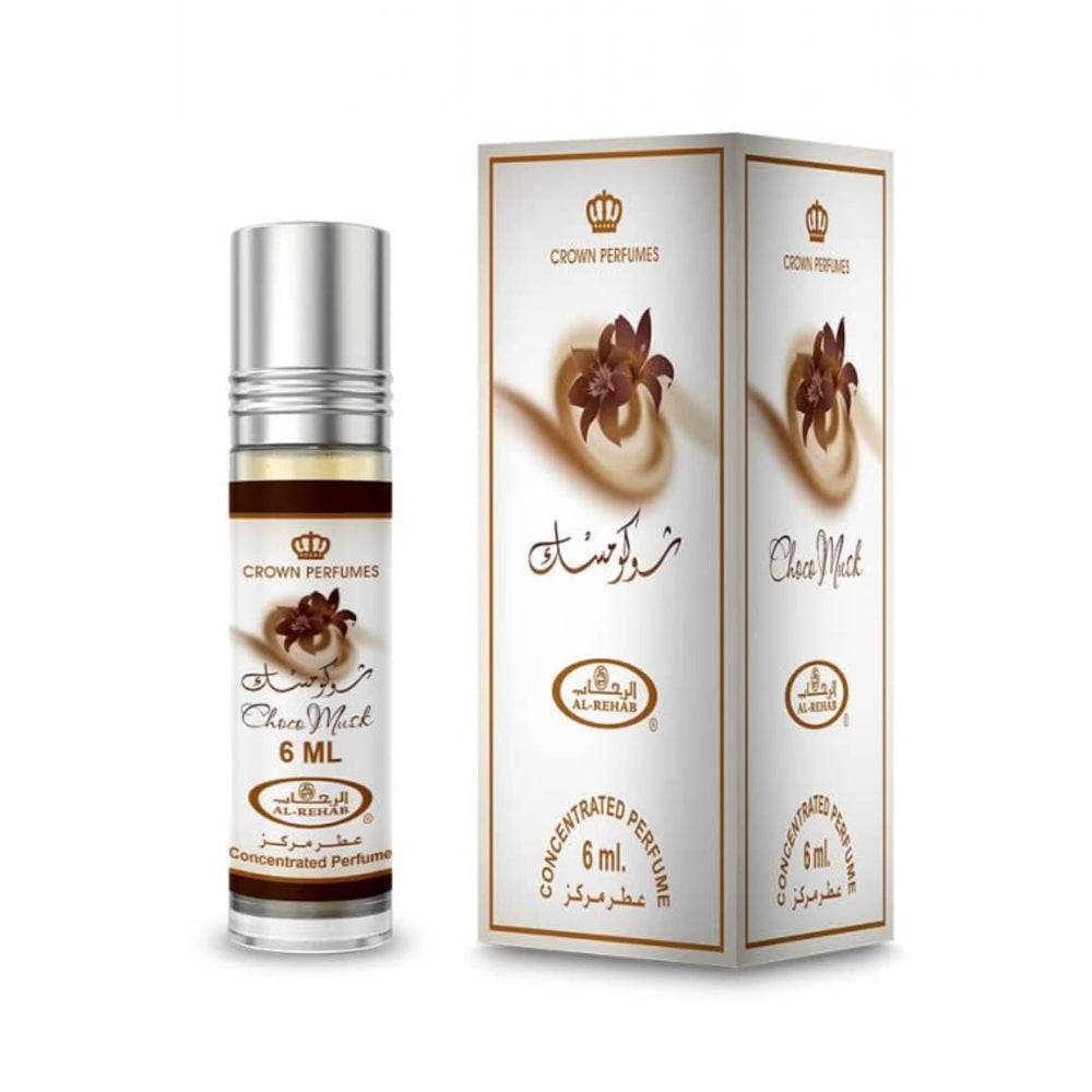 Al-Rehab Choco Musk rollerball bottle front view, portable fragrance for on-the-go use.