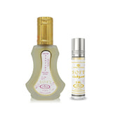 Al-Rehab Soft two-piece set bottle and rollerball display for versatile wear.