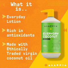 Loción de Coco EveryDay de Alaffia, extracto de fruto de café para antioxidantes y suavidad.