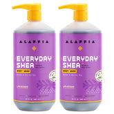 Alaffia Everyday Shea Body Wash Lavender 2-pack bottles for daily moisturizing and gentle cleansing.