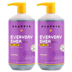 Alaffia Everyday Shea Body Wash Lavender 2-pack bottles for daily moisturizing and gentle cleansing.