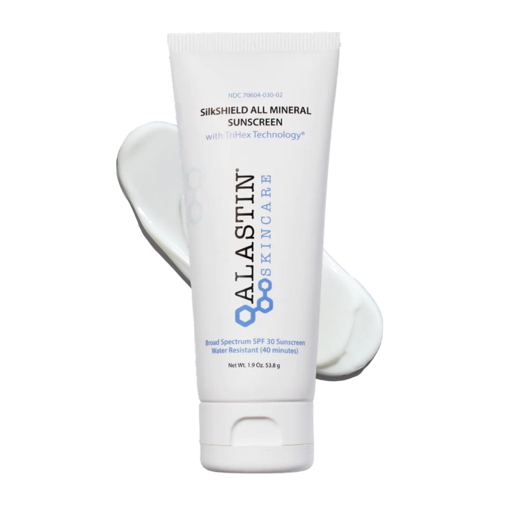 ALASTIN SilkSHIELD sunscreen bottle closeup showing fragrance-free protection.