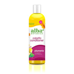 Alba Botanica Colorific Plumeria conditioner bottle on display for color protection.