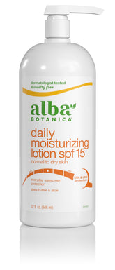 Alba Botanica Daily Moisturizing Lotion SPF 15 bottle for daily hydration with shea and aloe