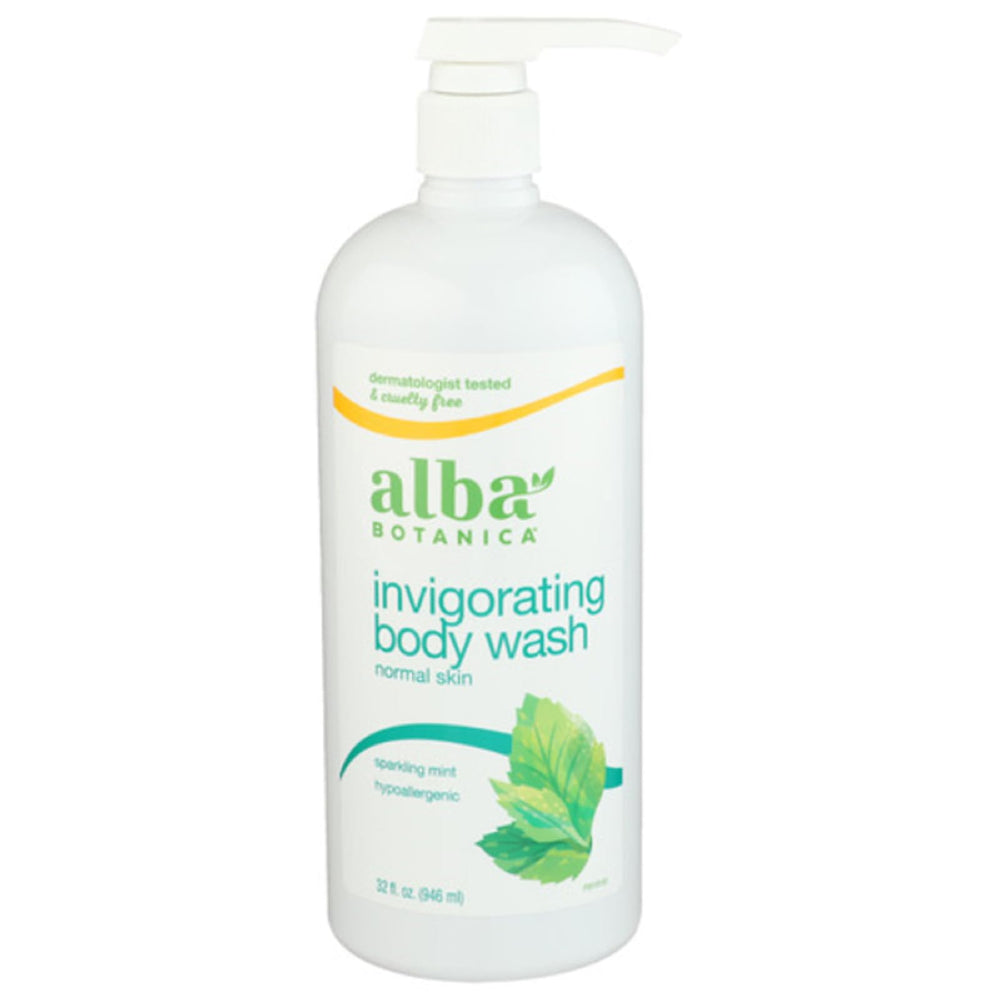 Alba Botanica gel de ducha Menta Espumosa en botella, aroma vigorizante para la piel suave.