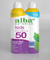 Alba Botanica Kids Sunscreen Spray tropical fruit bottle on the go protects face and body.