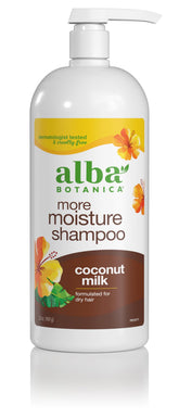 Alba Botanica More Moisture Shampoo bottle highlighting coconut milk hydration for dry hair