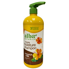 Alba Botanica More Moisture Shampoo bottle front showing hydration for dry hair.
