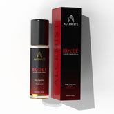 Alcemiste Rouge bottle closeup emphasizes premium pheromone parfum oil for confident presence.