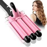 Aleath 3-barrel curling iron in pink, front view showing stylish design and barrels