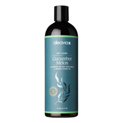 Aleavia Body Cleanse bottle with cucumber-melon scent for gentle cleansing and balanced skin.