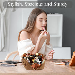 ALEXTINA travel cosmetic bag opened wide for easy access to makeup essentials.