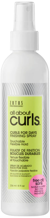 Spray de acabado ALL ABOUT CURLS en frasco para definición duradera de rizos.