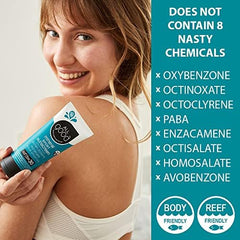 All Good Sunscreen Sport Lotion back label highlights reef-friendly ingredients and water resistance.