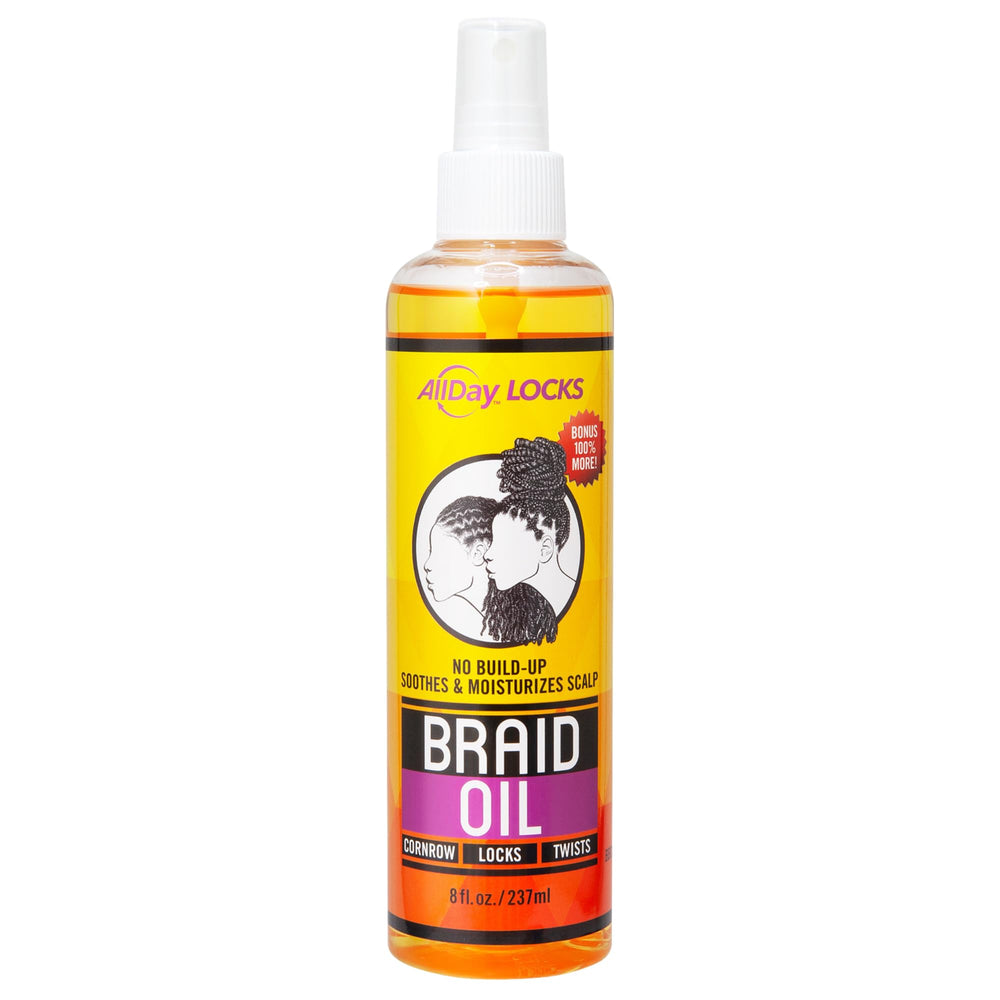 AllDay Locks aceite para trenzas, aplicación en cuero cabelludo para hidratación profunda.