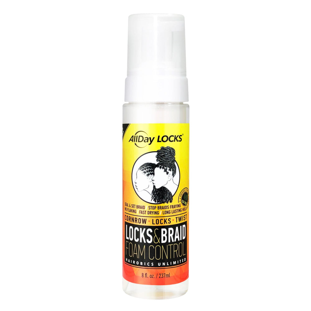 AllDay Locks Braid Foam botella, acabado ligero y sellado para peinados duraderos.