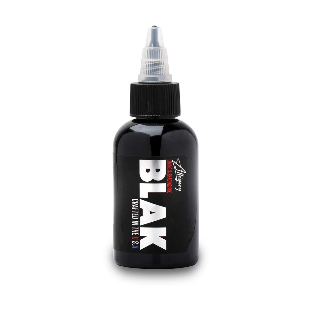 Tinta negra Allegory Blak en botella de 2 oz para delineado y sombreado de tatuajes.