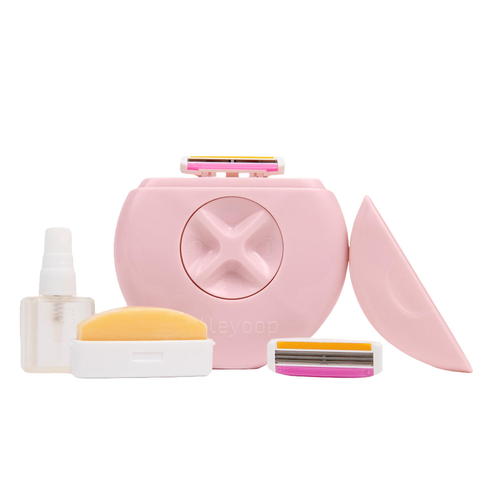 ALLEYOOP travel razor in dusty pink ready for on-the-go touch ups