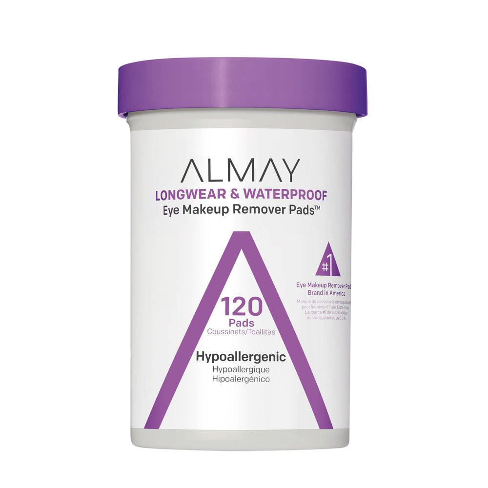 Almay biodegradable eye makeup remover pads in packaging for sensitive eyes.