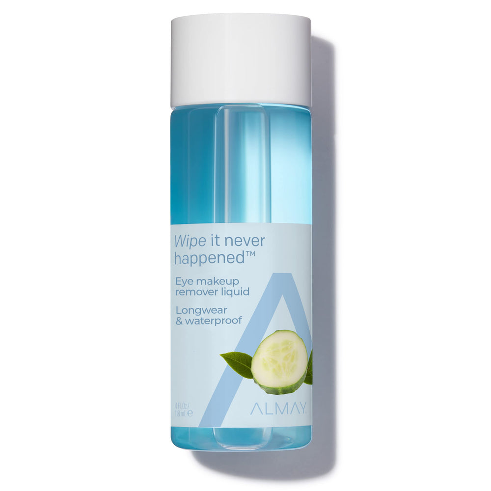 Almay Eye Makeup Remover liquid bottle closeup, gentle cleansing for sensitive eyes.