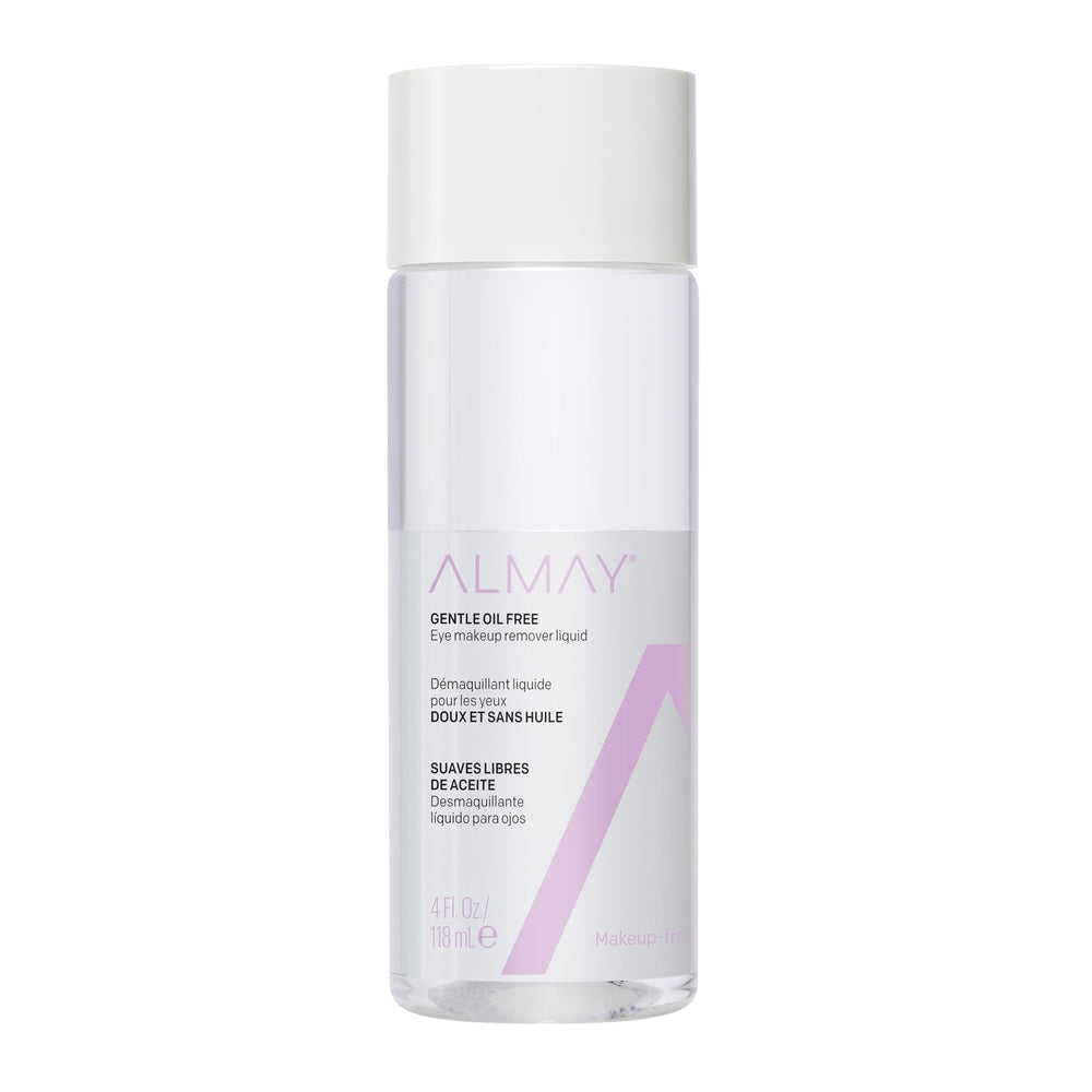 Almay Eye Makeup Remover Liquid bottle highlights the oil-free formula for sensitive eyes.