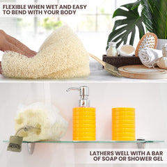 ALMOONI loofah sponge texture close-up emphasizing thicker fibers for rich lather