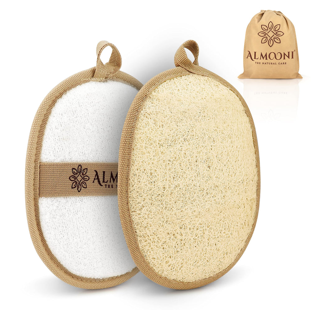 ALMOONI natural loofah exfoliating scrubber pack shot for smoother skin