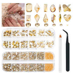 ALOCIAM piedras para uñas champagne dorado con destello brillante para decorar.