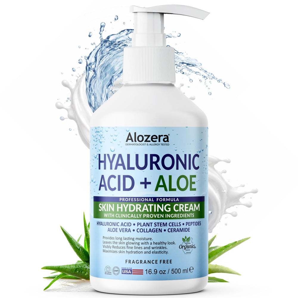 Alozera, botella de loción hialurónica con aloe, hidratación profunda para pieles secas.
