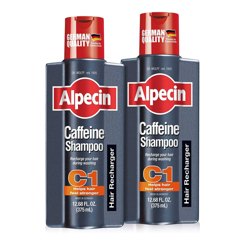 Alpecin Caffeine Shampoo bottle pouring—energize scalp for fuller look.