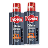 Alpecin Caffeine Shampoo bottle pouring—energize scalp for fuller look.
