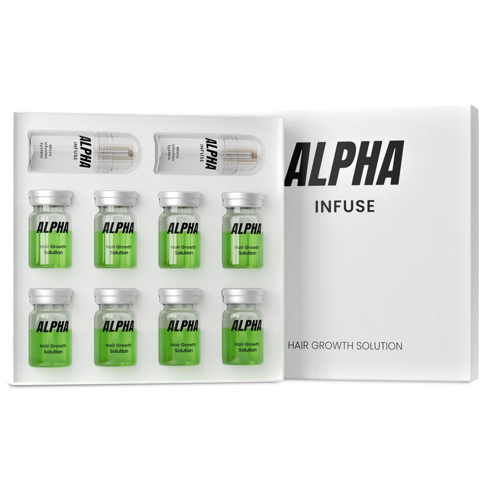 Alphainfuse scalp nourishing serum bottle front view for daily nourishment.