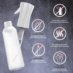 Alpree airless spray bottle delivers leak-proof, propellant-free mist.