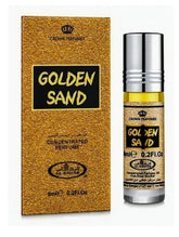 Al-Rehab Golden Sand 6ml bottle shows portable perfume oil for on-the-go fragrance.