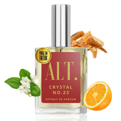ALT. FRAGRANCES Crystal No. 23 bottle closeup highlights jasmine and amberwood for everyday elegance.