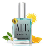 ALT. FRAGRANCES Reality bottle front shows a crisp citrus scent for daily confidence.
