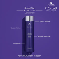 Alterna Caviar Anti-Aging Replenishing Moisture Conditioner label closeup highlighting a paraben-free formula.